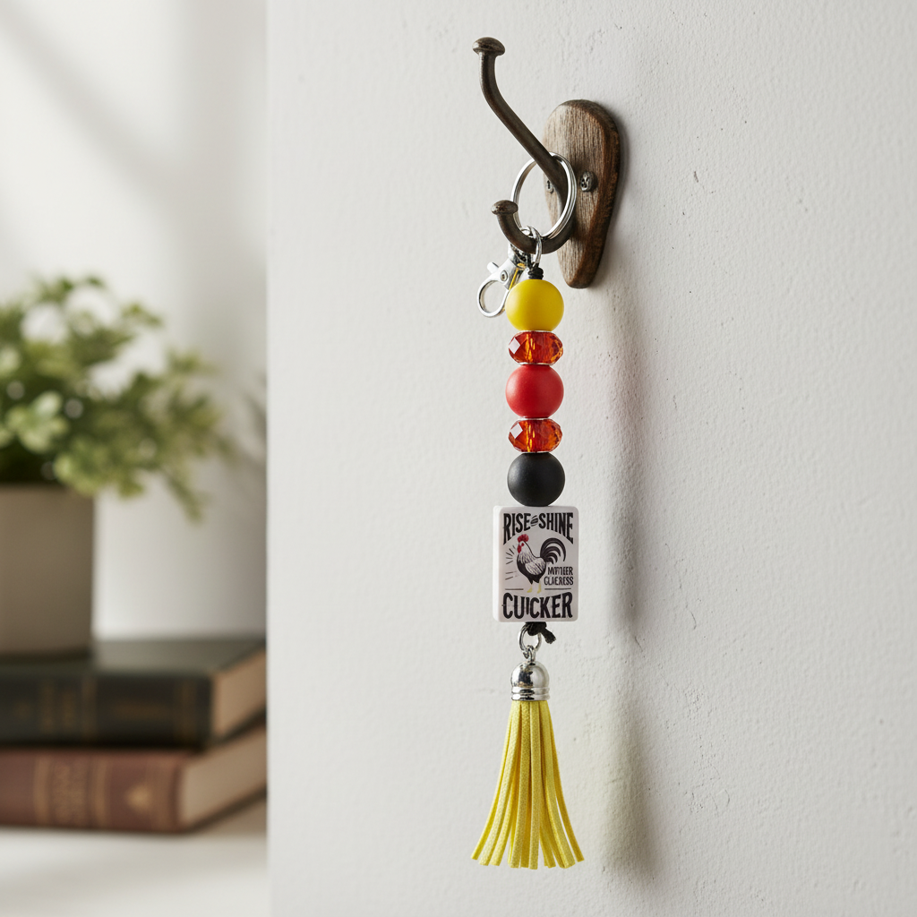Rise and Shine Mother Cluckers Keychain – Red, Yellow & Black Beaded Farmhouse Accessory | Chicken Lover