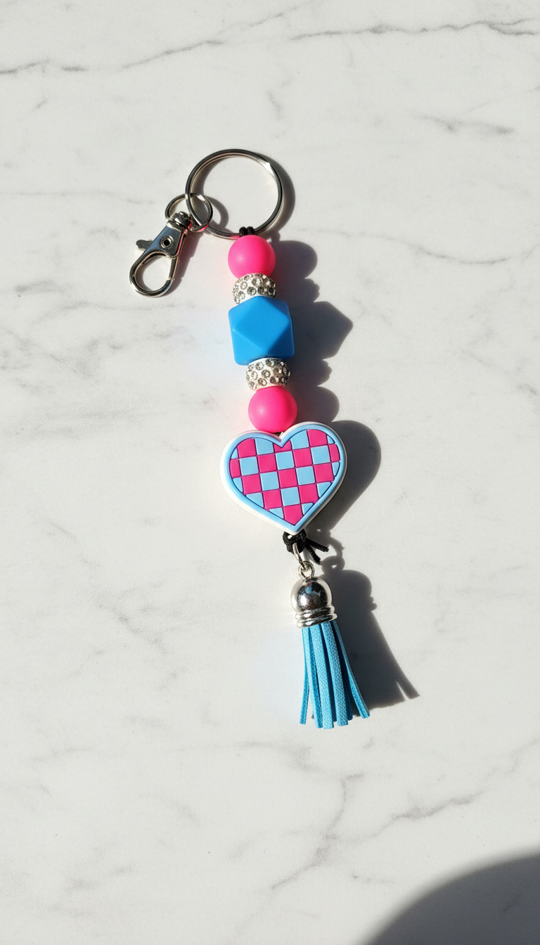 Checkered Heart Keychain, Handmade Keyring