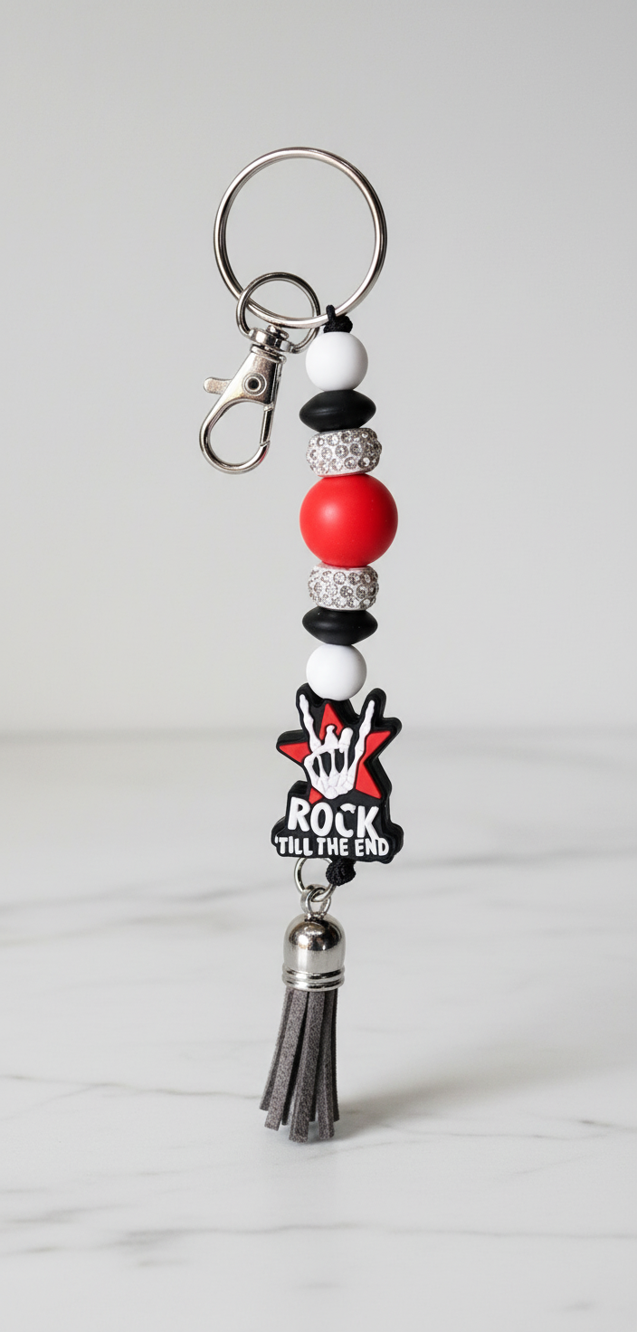 Edgy Beaded Punk Keychain: Rocker Hand Charm, Goth Bag Accessory, Rock Until The End