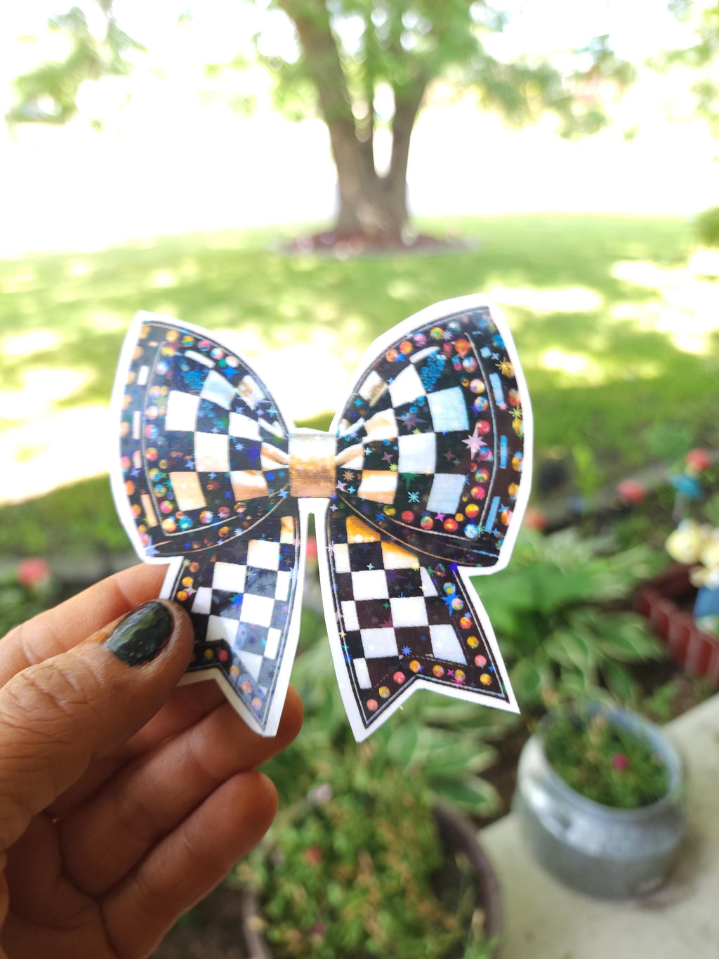 Checkered Bow Rhinestone Sticker: Retro Race Car Decal