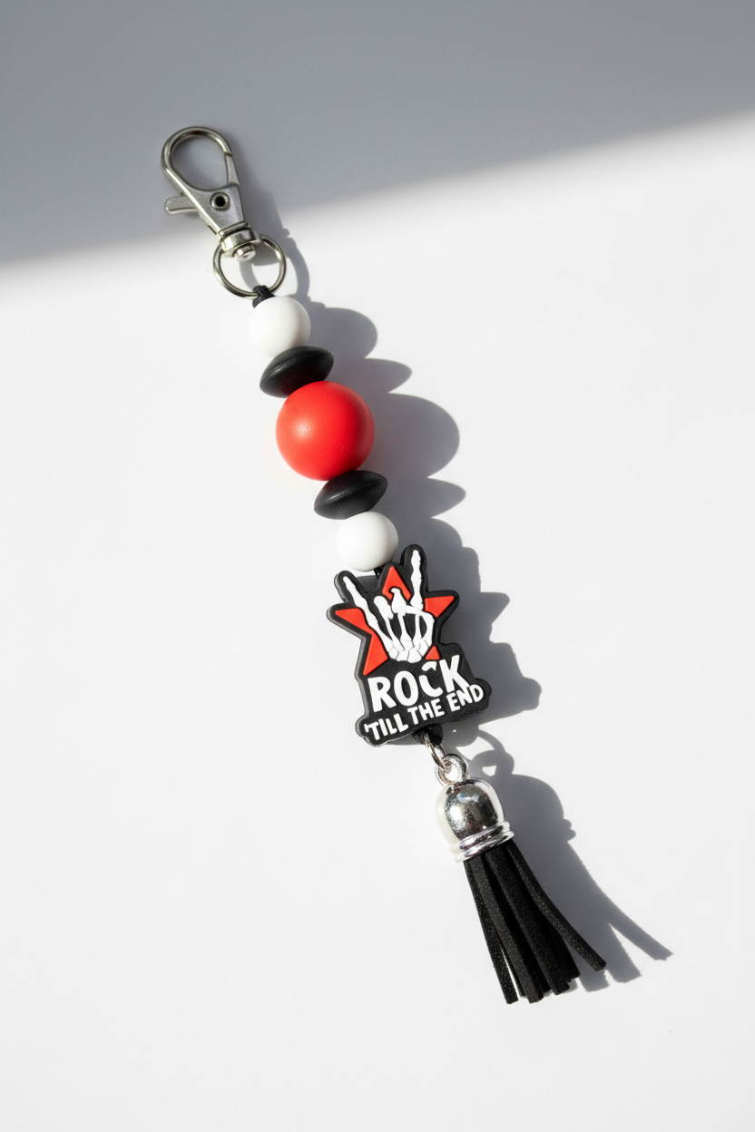 Edgy Beaded Punk Keychain: Rocker Hand Charm, Goth Bag Accessory, Rock Until The End