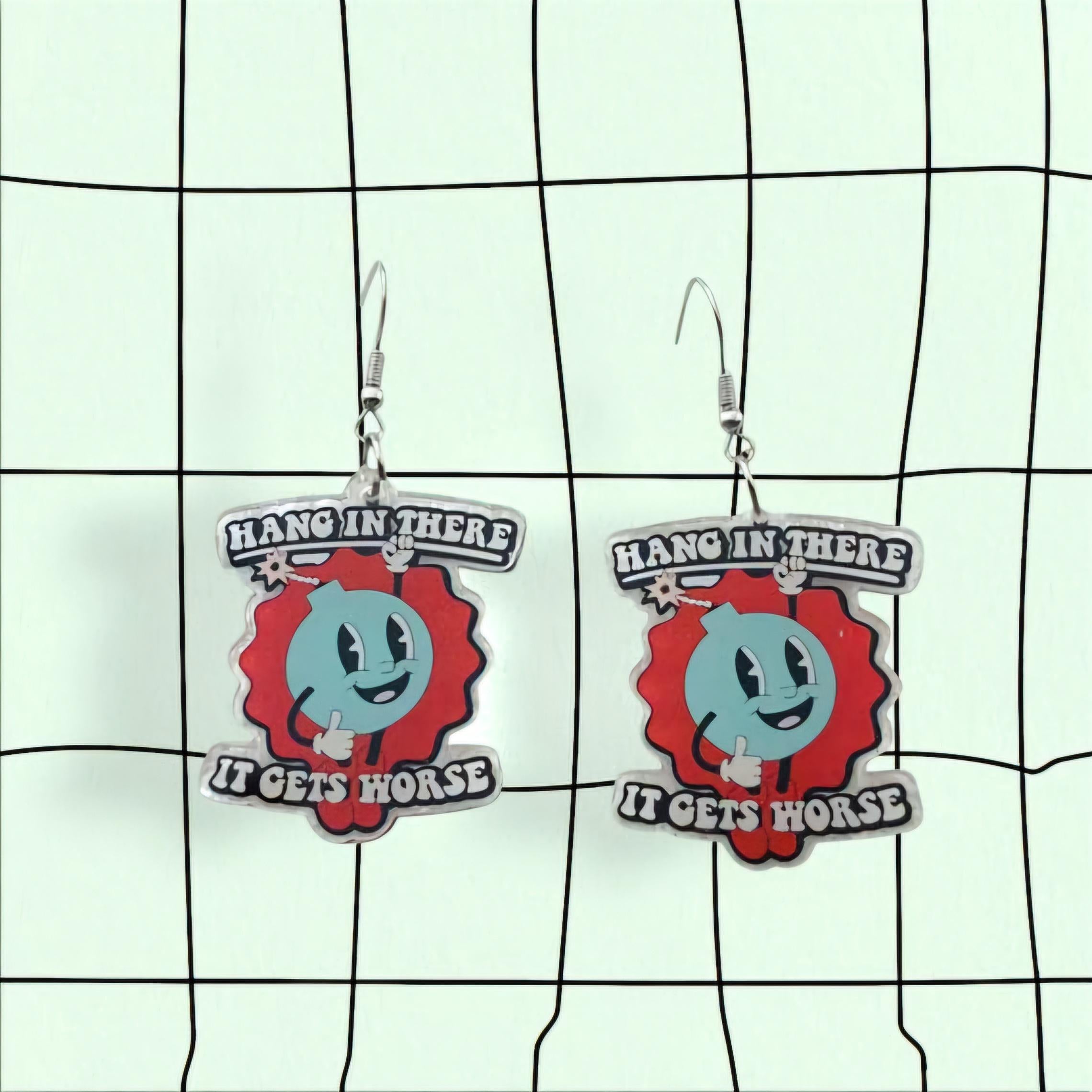 Sarcastic Bomb Dangle Earrings: Blue Acrylic with Bold White Lettering