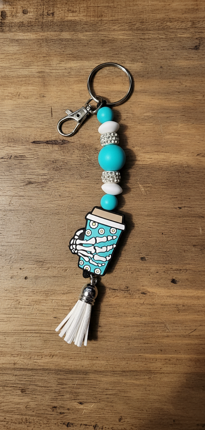 Turquoise & White Skull Hand Coffee Mug Keychain – Handmade Gothic Charm