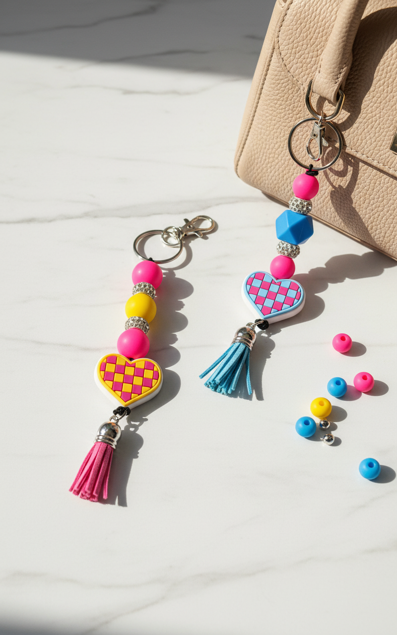 Checkered Heart Keychain, Handmade Keyring