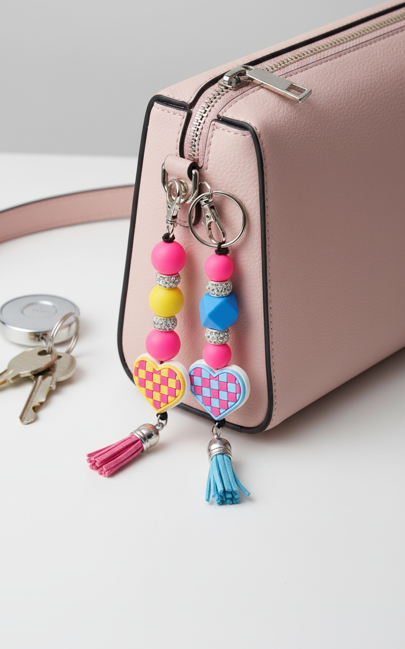 Checkered Heart Keychain, Handmade Keyring