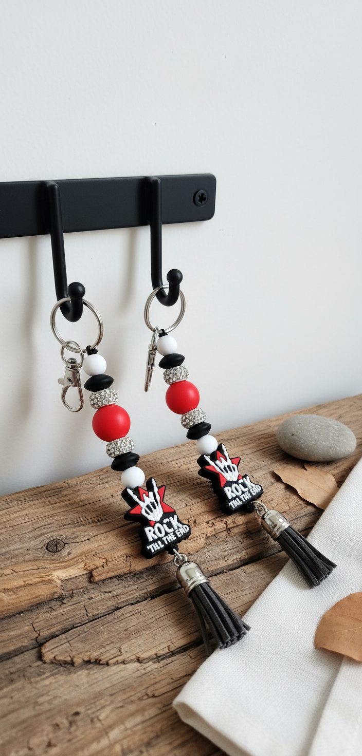 Edgy Beaded Punk Keychain: Rocker Hand Charm, Goth Bag Accessory, Rock Until The End