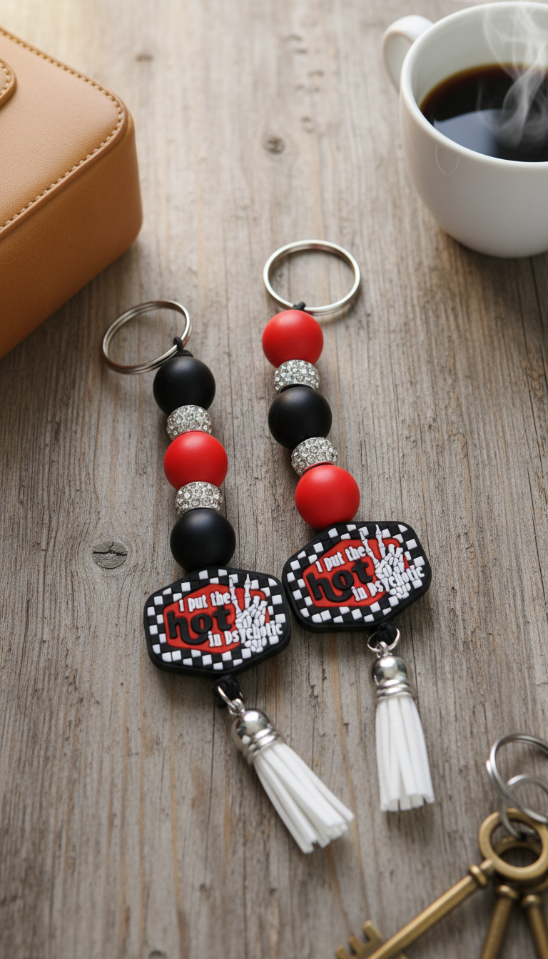 Funny Beaded Keychain: I Put the Hot in Psychotic - Dark Humor Bag Charm