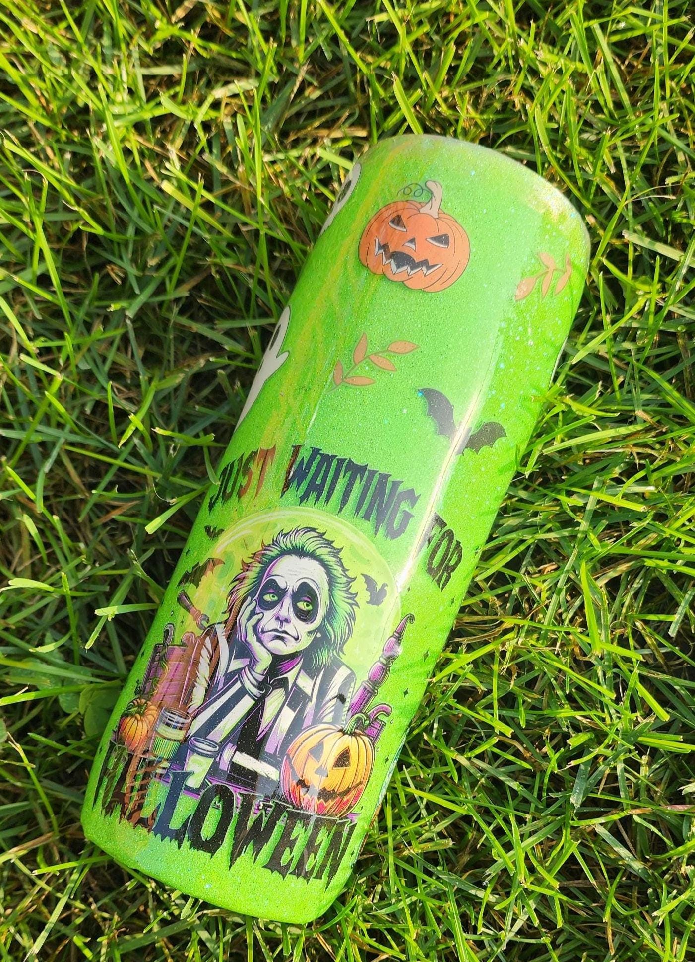 Beetlejuice Tumbler: Lime Green Spooky Sparkle Stainless Steel Cup