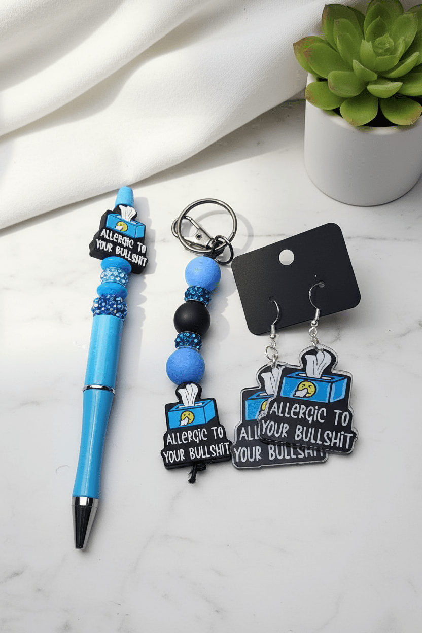 Allergic to Your Bulls*** Sassy Gift Bundle • Earrings, Pen, Keychain & Stickers • Funny Bestie Gift Box - Hempin Mayhem