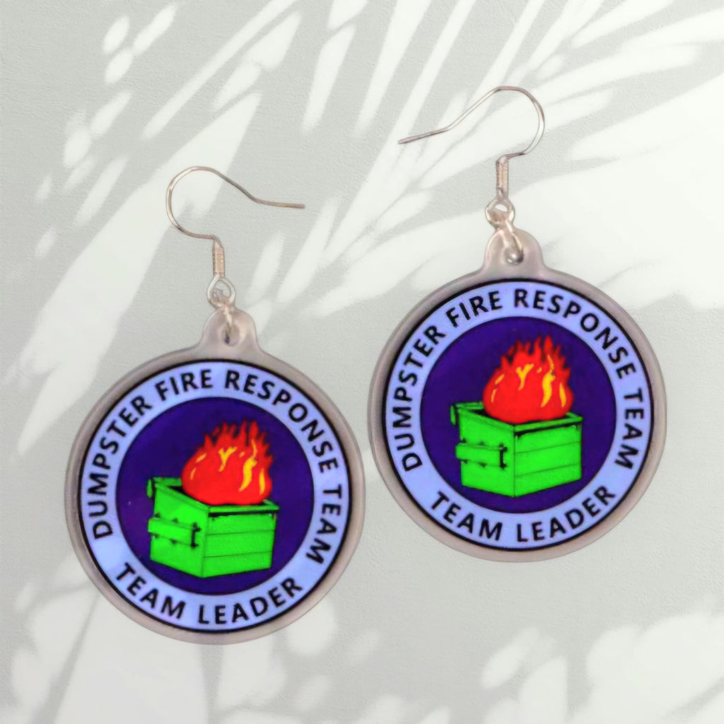Dumpster Fire Response Team Earrings: Funny Acrylic Dangle Jewelry