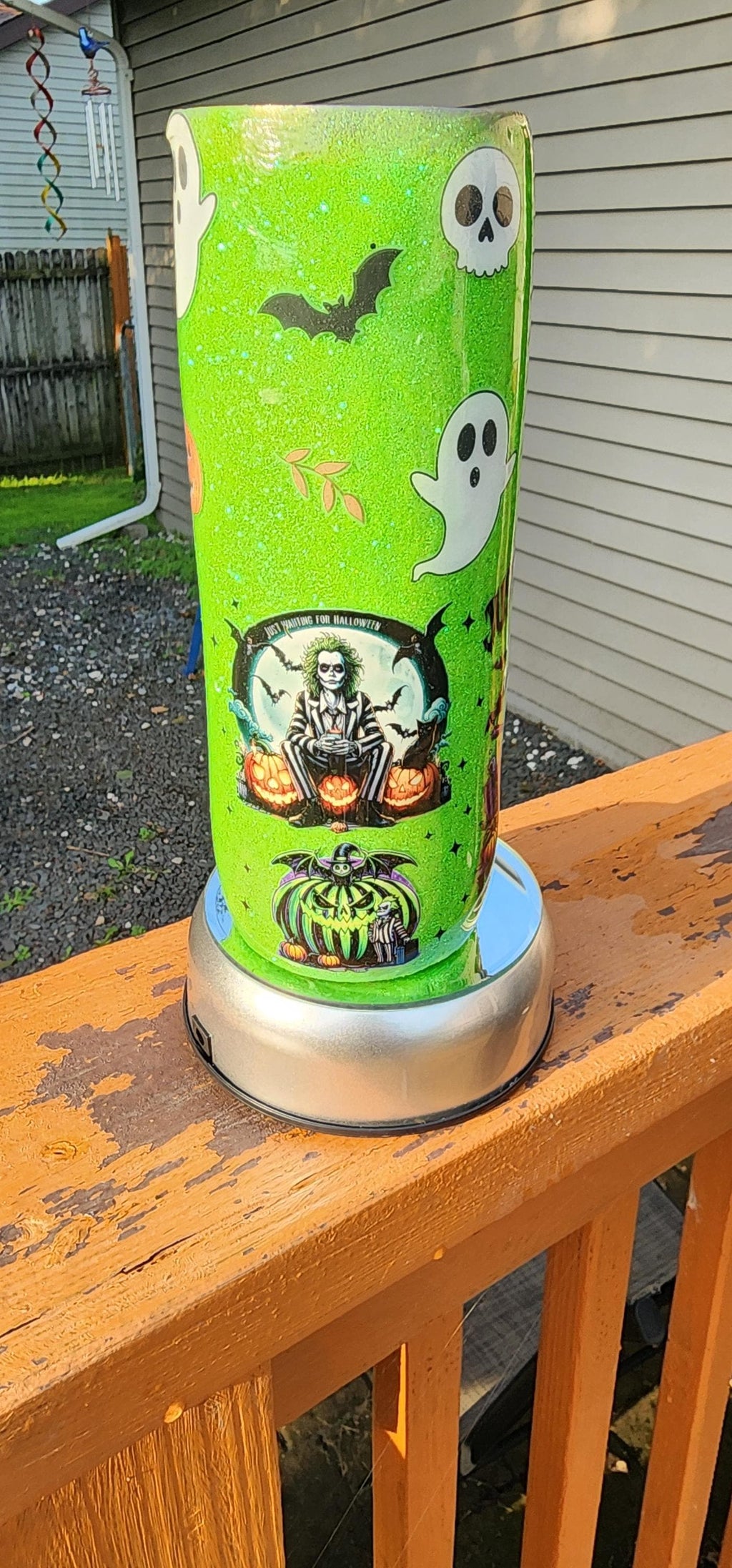 Beetlejuice Tumbler: Lime Green Spooky Sparkle Stainless Steel Cup