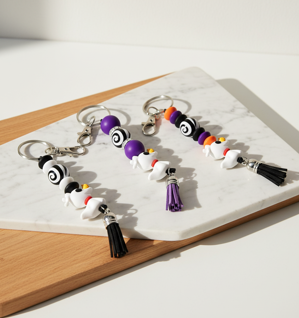 Ghost Dog Beaded Bag Charm Keychain