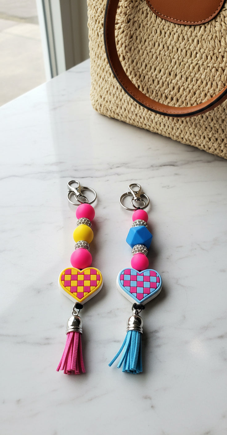 Checkered Heart Keychain, Handmade Keyring