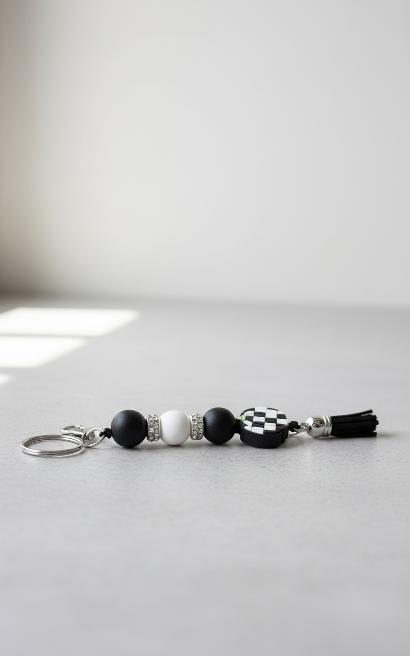 Checkered Pumpkin Keychain: Farmhouse Fall Beaded Key Ring