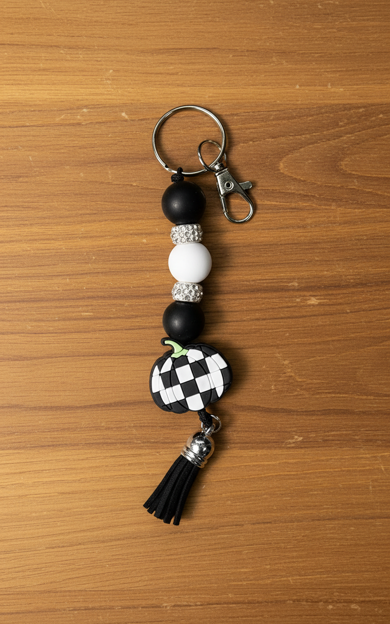 Checkered Pumpkin Keychain: Farmhouse Fall Beaded Key Ring