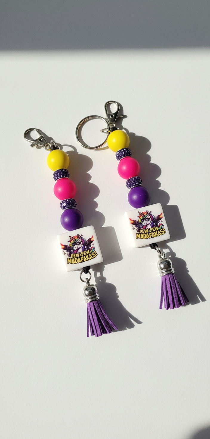 Unicorn Pew Pew Madafacka Keychain – Funny Magical Beaded charm but Savage, Whimsical Rainbow Accessory