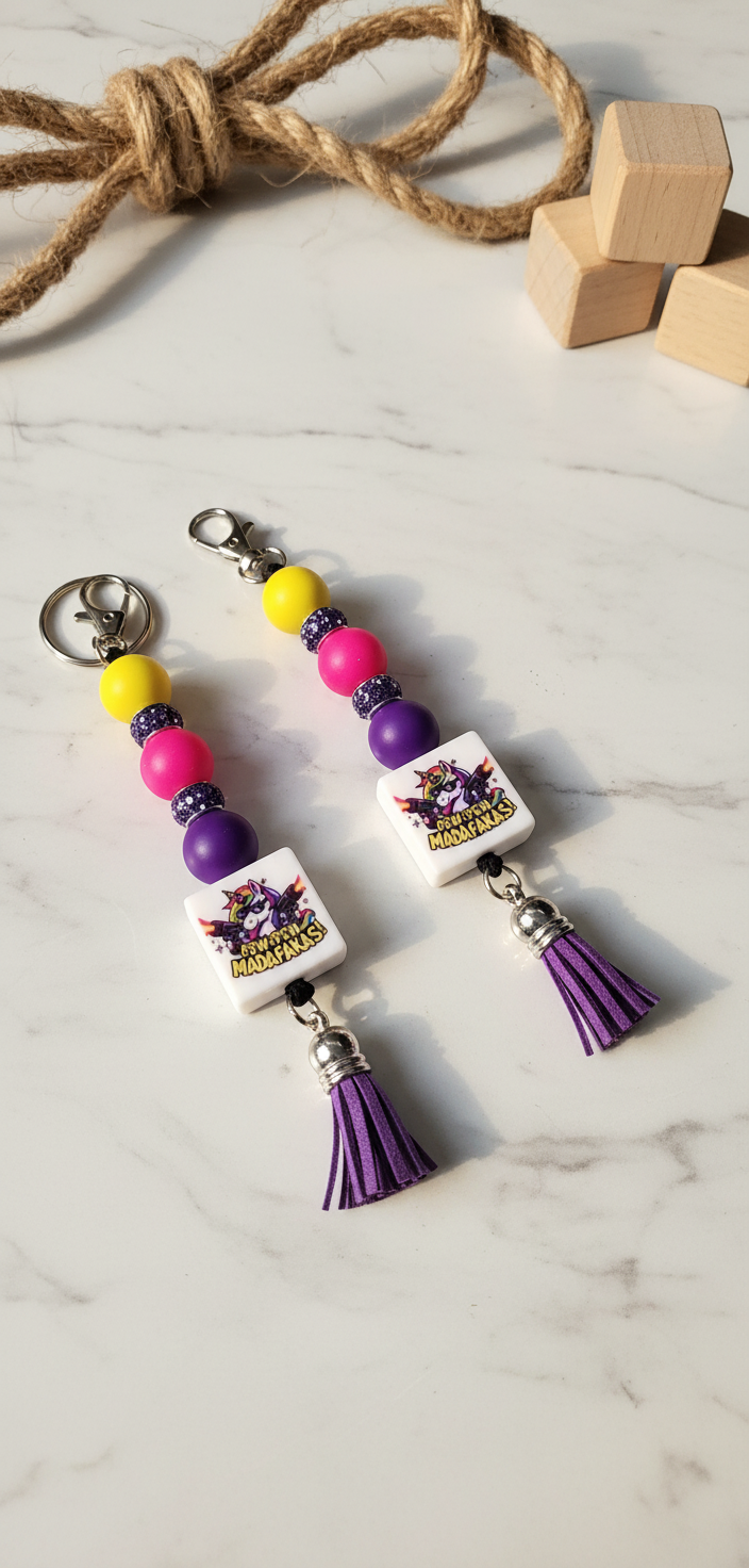 Unicorn Pew Pew Madafacka Keychain – Funny Magical Beaded charm but Savage, Whimsical Rainbow Accessory