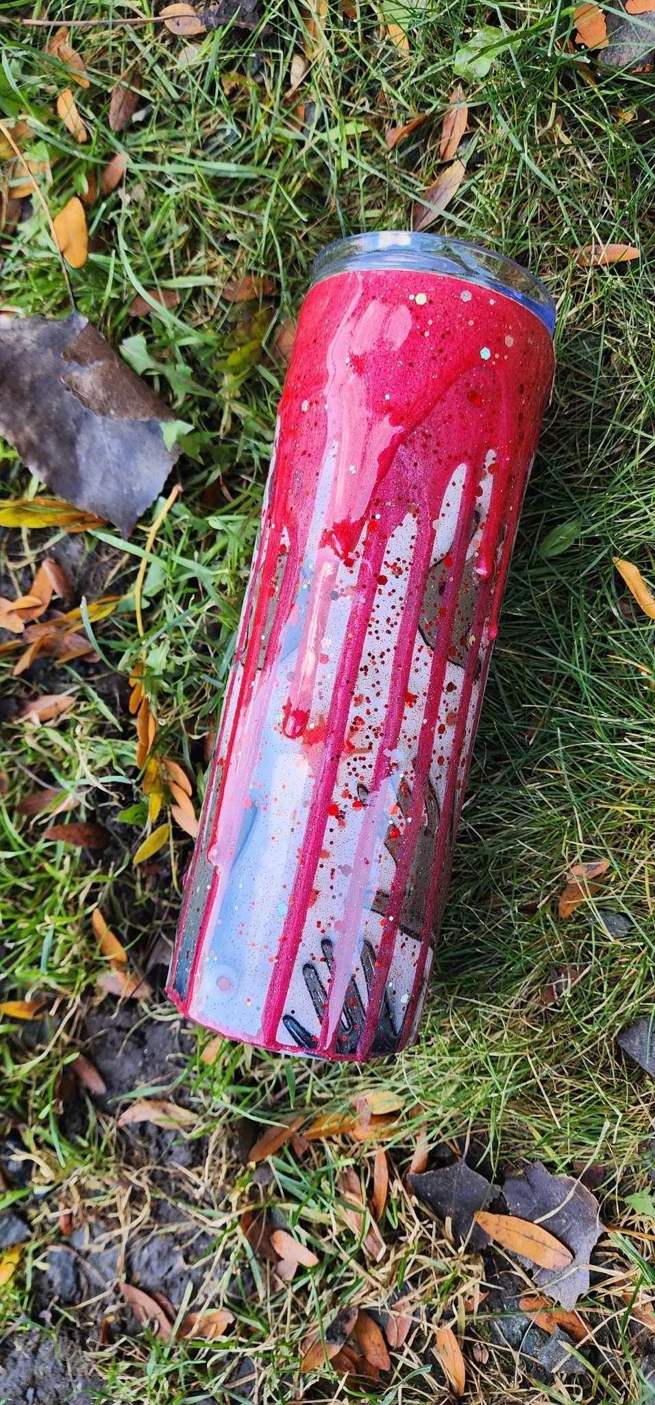 Bloody Handprints Halloween Tumbler: Spooky Glitter Epoxy Stainless Steel Cup - Hempin Mayhem