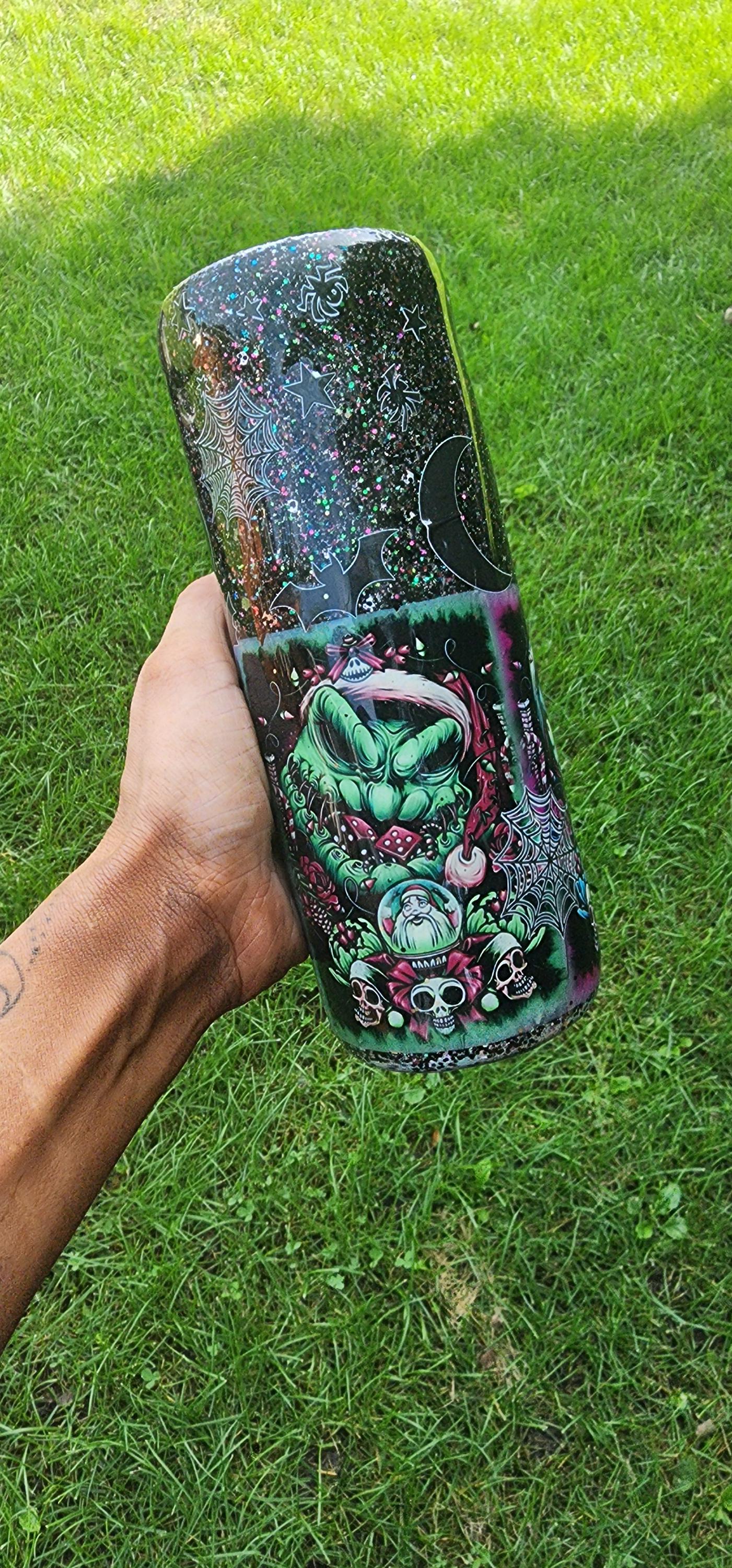 Nightmare Before Christmas Tumbler: Black Glitter Jack & Sally Epoxy Cup