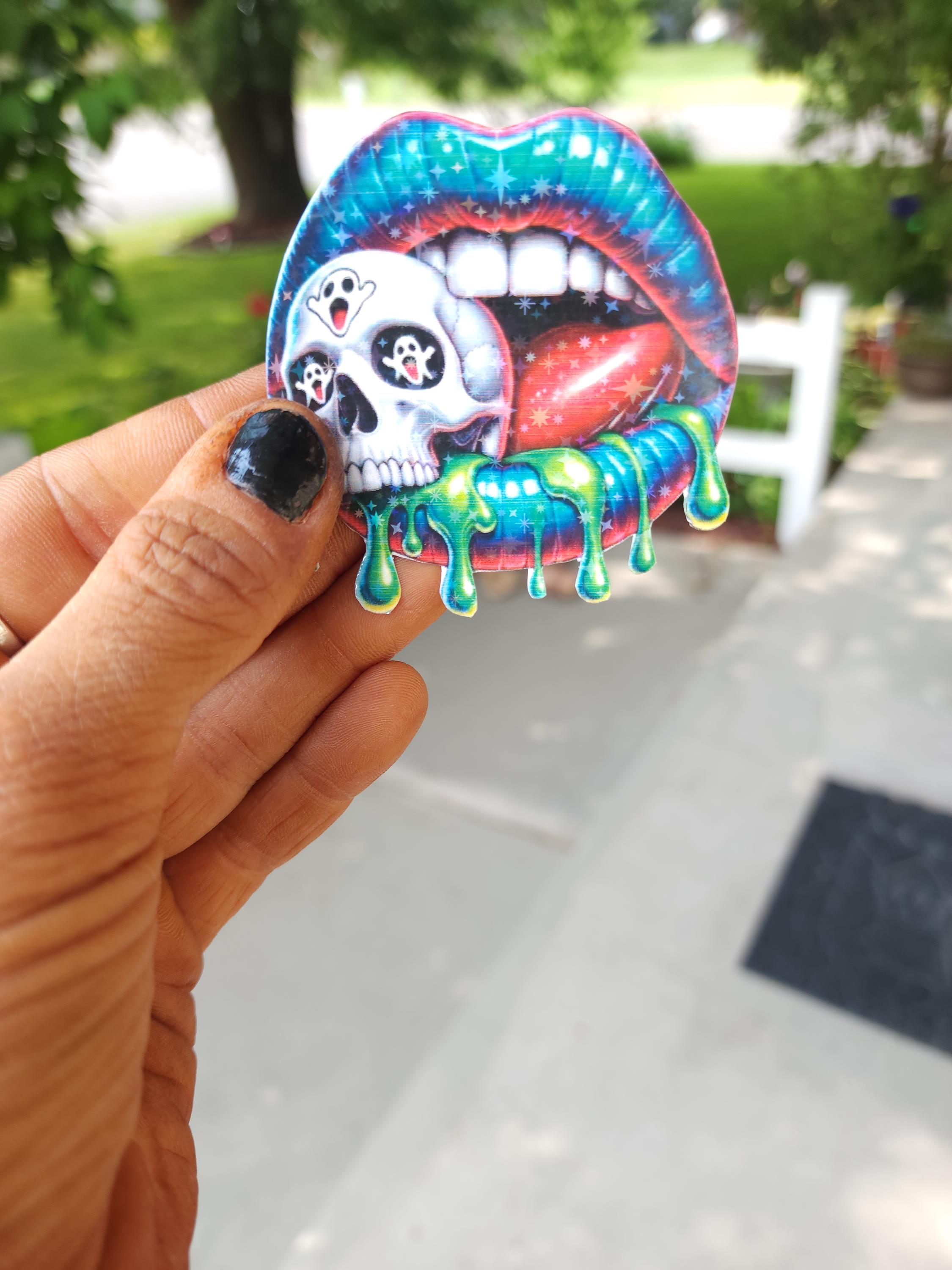 Kiss of Death – Blue & Green Lips with Skull Vinyl Sticker | Gothic Glam Aesthetic for Baddies, Weirdos and Rule Breakers