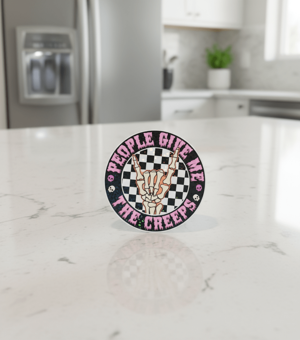 Checkered Skull Hand “People Give Me The Creeps” Vinyl Sticker | Spooky Cute | Introvert Energy | Waterproof - Hempin Mayhem