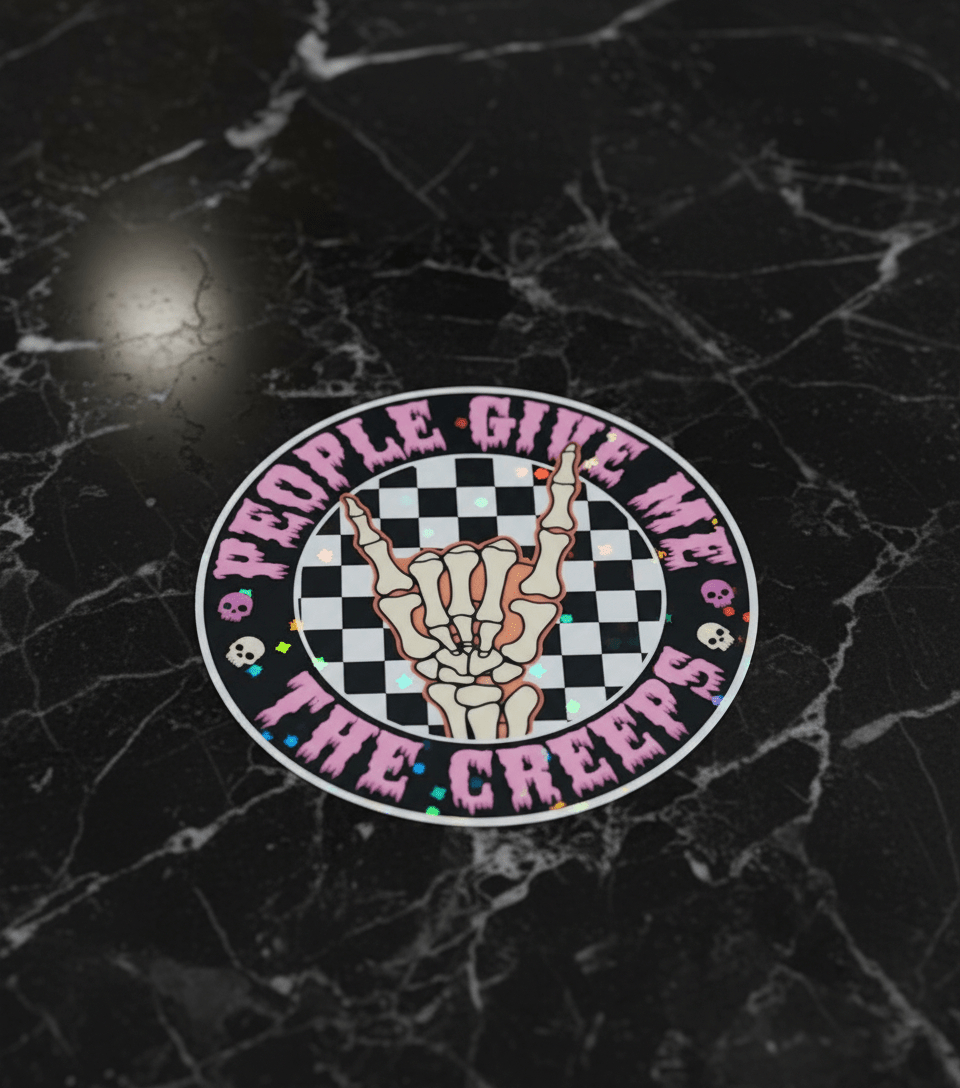 Checkered Skull Hand “People Give Me The Creeps” Vinyl Sticker | Spooky Cute | Introvert Energy | Waterproof - Hempin Mayhem
