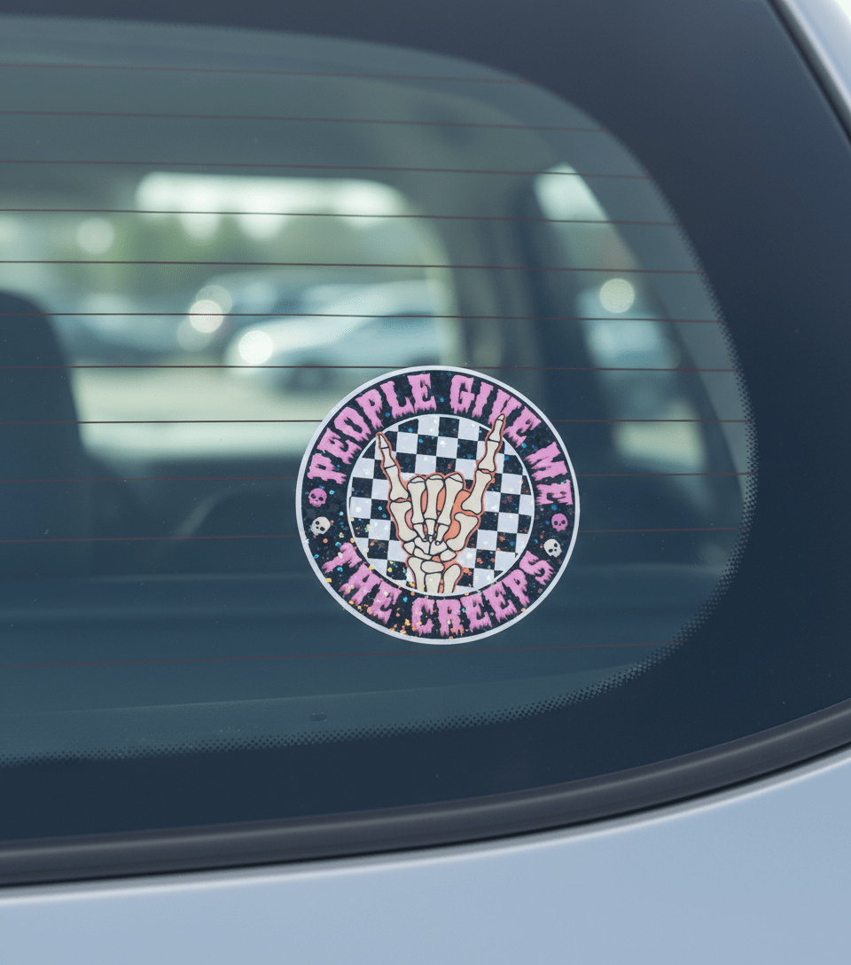 Checkered Skull Hand “People Give Me The Creeps” Vinyl Sticker | Spooky Cute | Introvert Energy | Waterproof - Hempin Mayhem