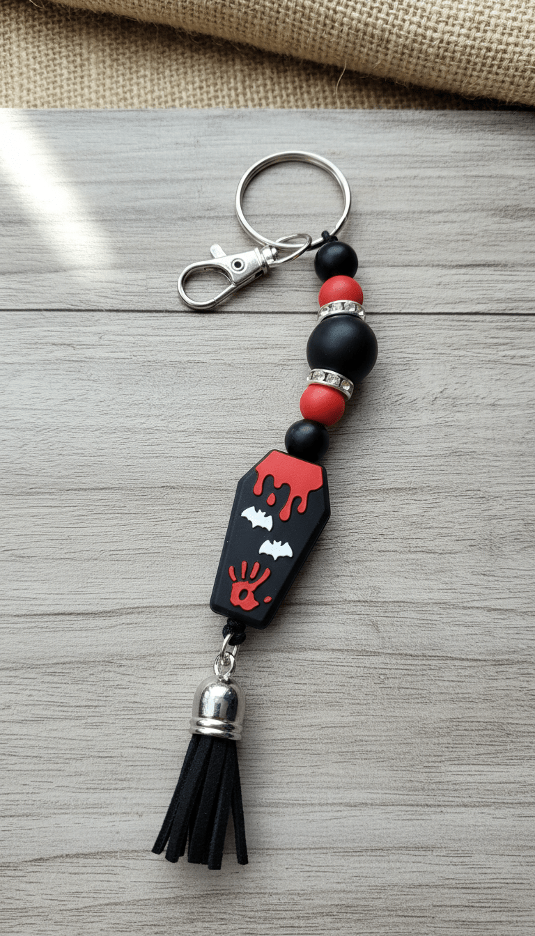 Coffin Cutie Keychain – Spooky Gothic Beaded Charm for Keys, Bags & Halloween Vibes - Hempin Mayhem