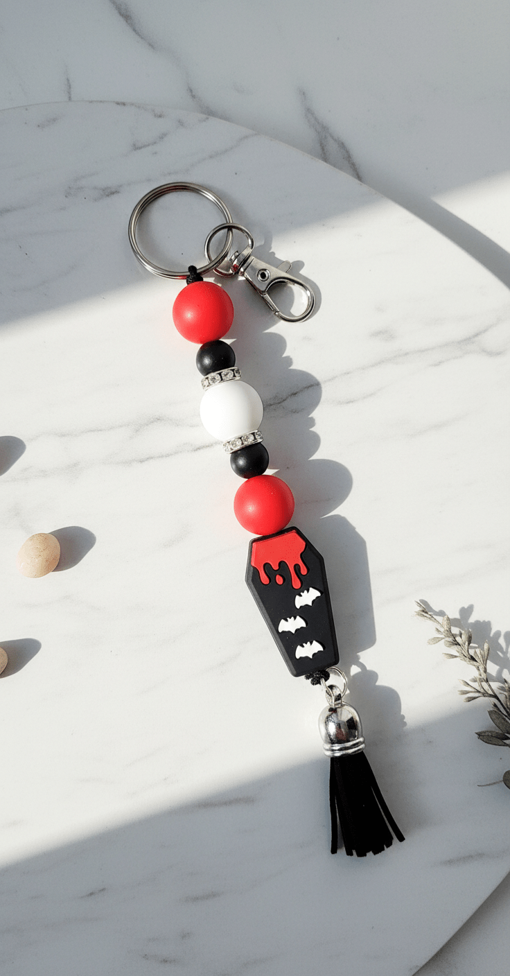 Coffin Cutie Keychain – Spooky Gothic Beaded Charm for Keys, Bags & Halloween Vibes - Hempin Mayhem