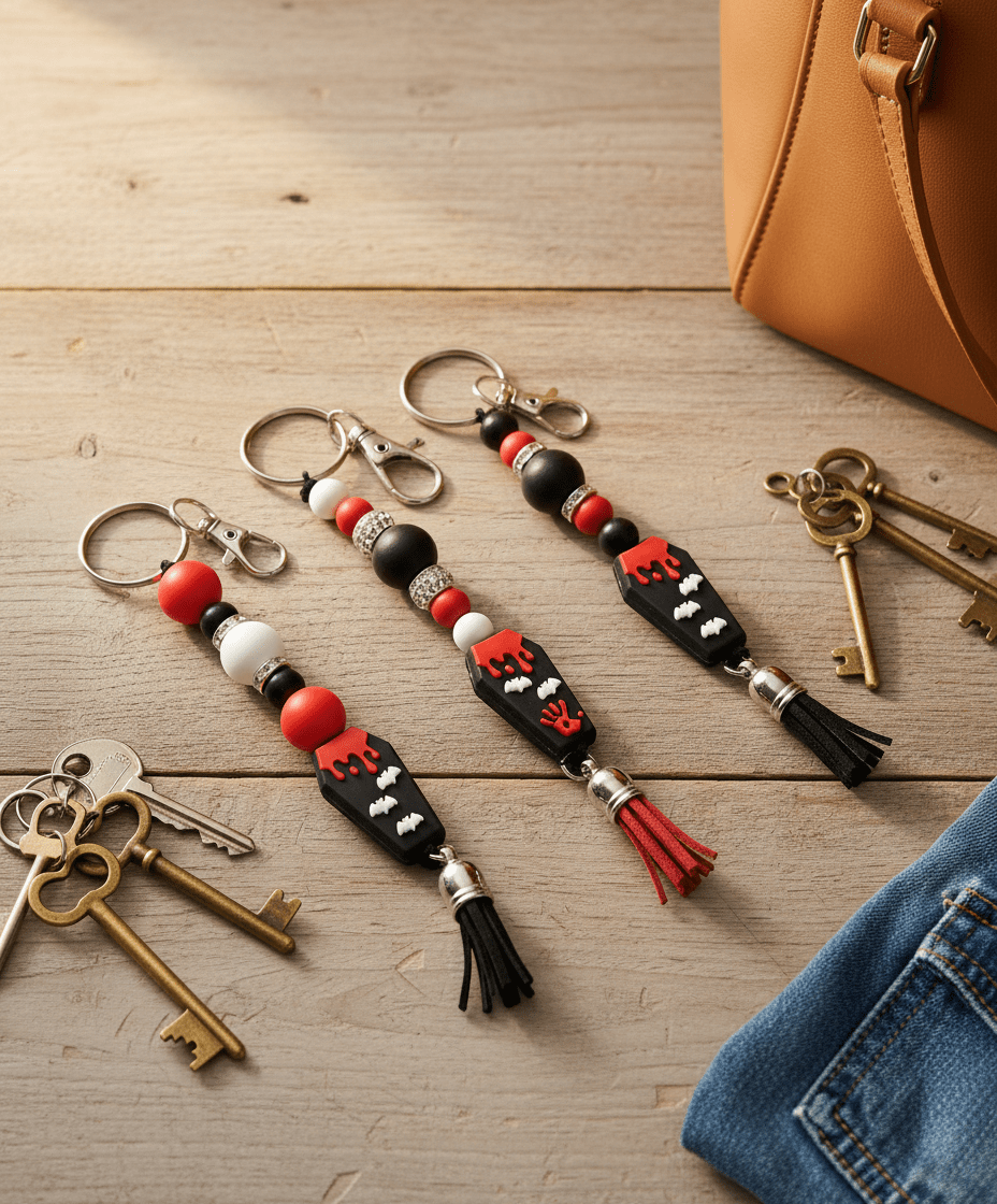 Coffin Cutie Keychain – Spooky Gothic Beaded Charm for Keys, Bags & Halloween Vibes - Hempin Mayhem
