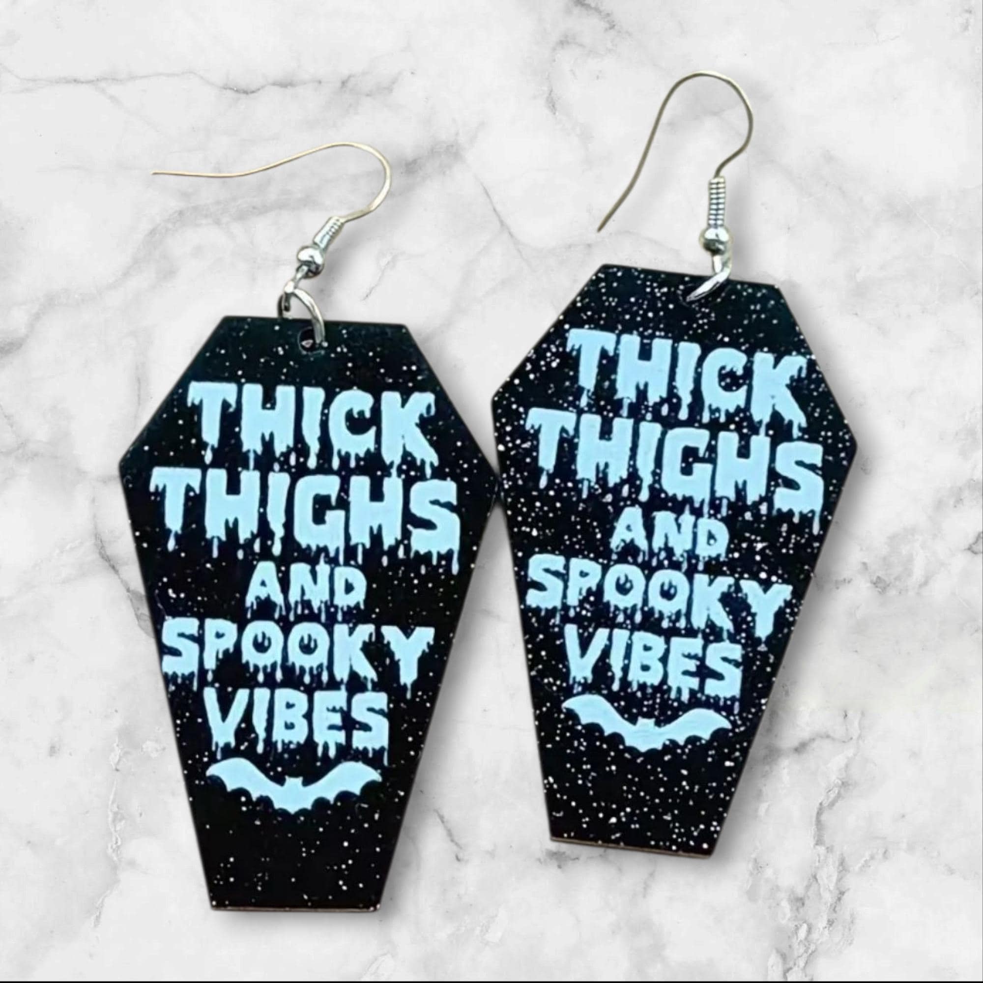 Coffin Halloween Earrings: Thick Thighs Spooky Vibes, Black Acrylic - Hempin Mayhem