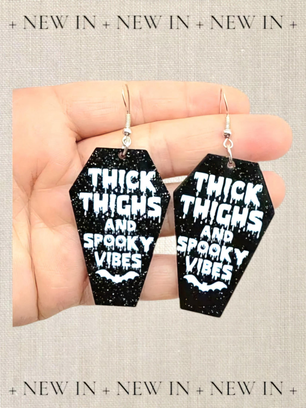 Coffin Halloween Earrings: Thick Thighs Spooky Vibes, Black Acrylic - Hempin Mayhem