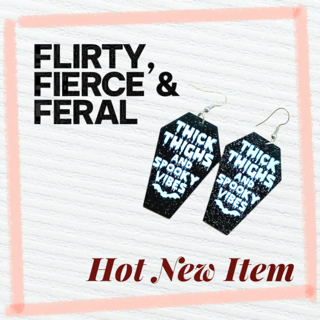 Coffin Halloween Earrings: Thick Thighs Spooky Vibes, Black Acrylic - Hempin Mayhem