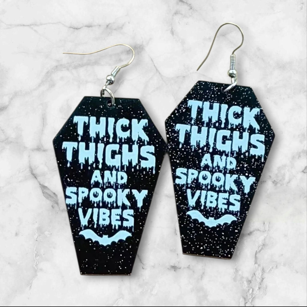 Coffin Halloween Earrings: Thick Thighs Spooky Vibes, Black Acrylic - Hempin Mayhem