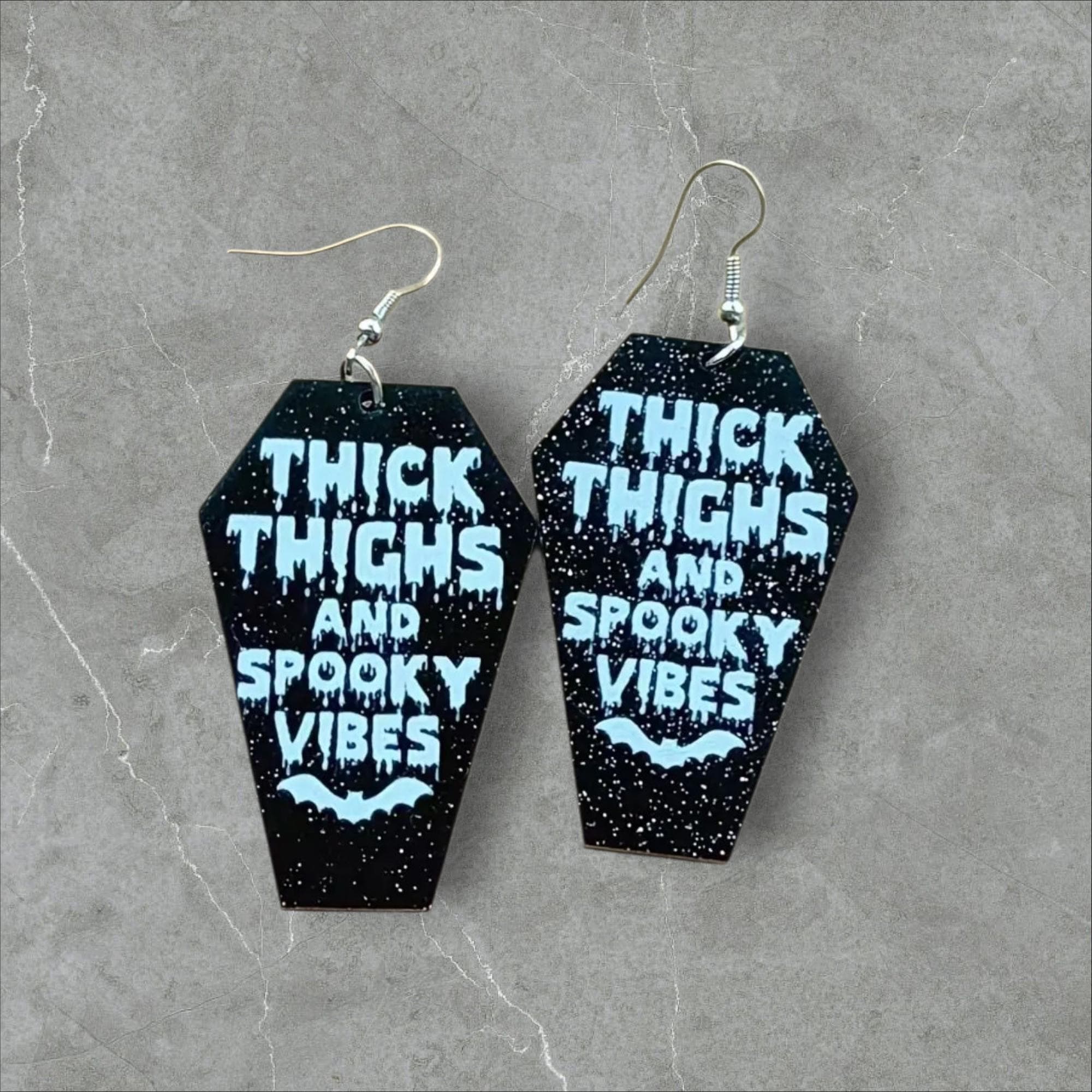 Coffin Halloween Earrings: Thick Thighs Spooky Vibes, Black Acrylic - Hempin Mayhem