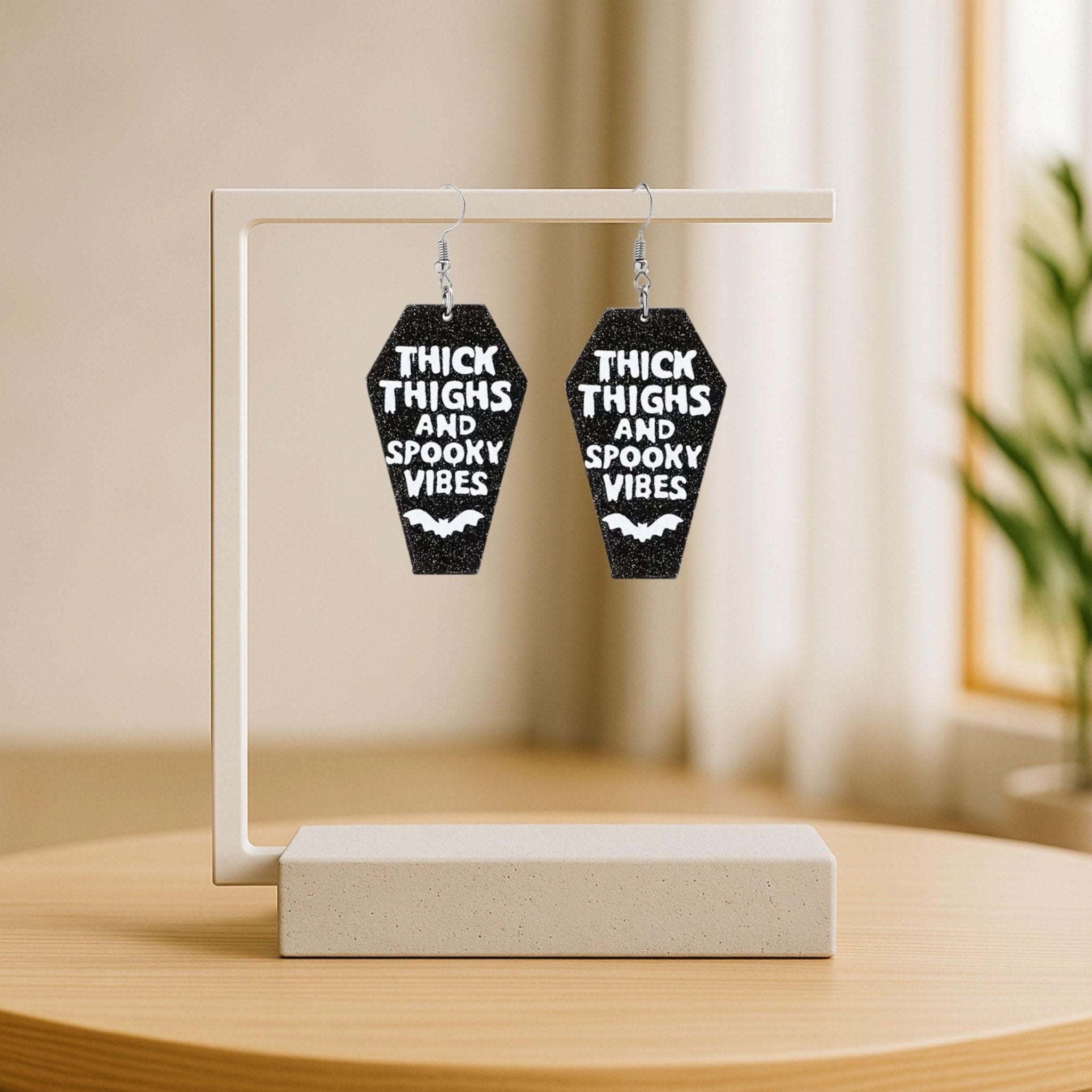 Coffin Halloween Earrings: Thick Thighs Spooky Vibes, Black Acrylic - Hempin Mayhem