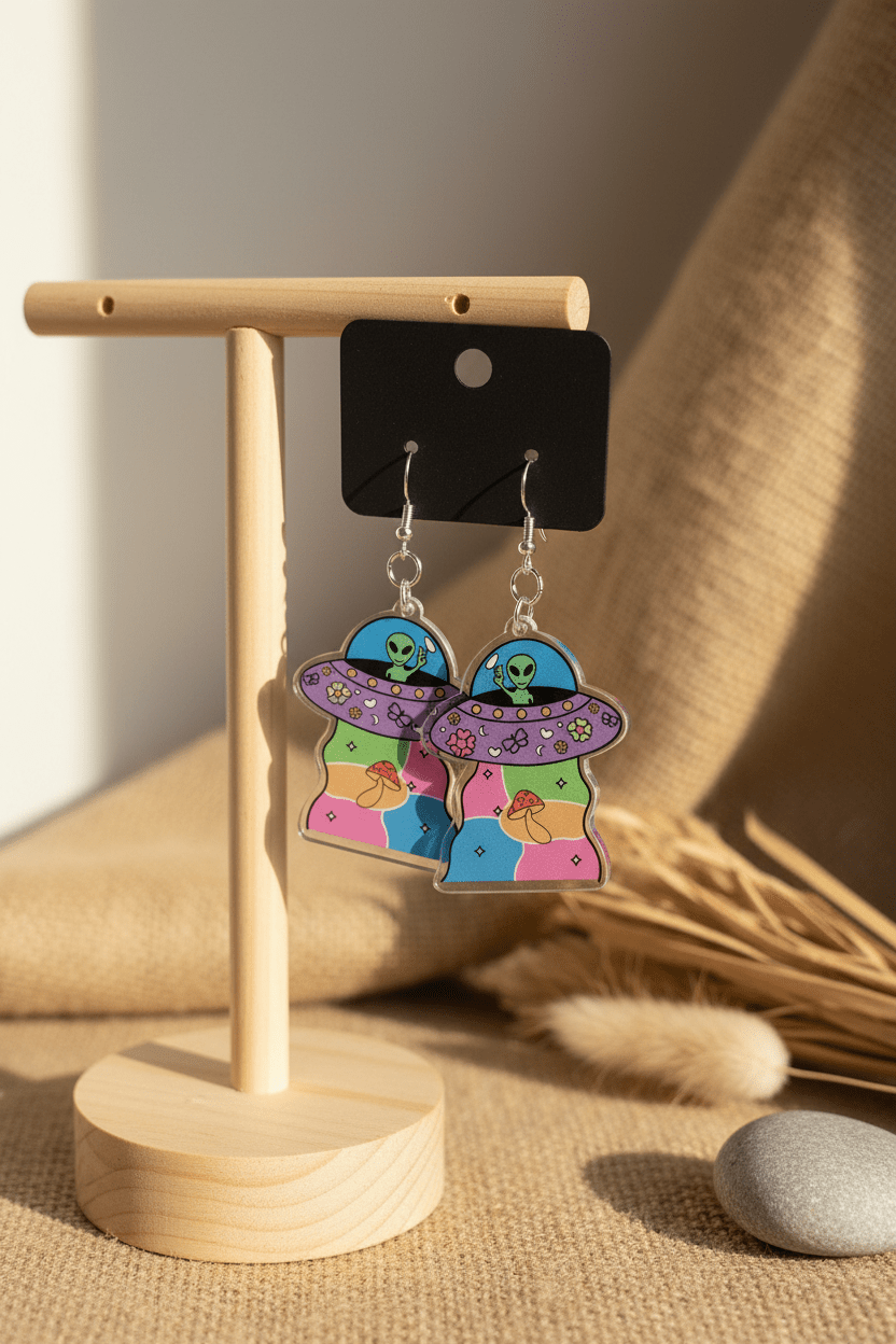 Colorful Alien Spaceship Dangle Earrings – Blast Off in Style! - Hempin Mayhem
