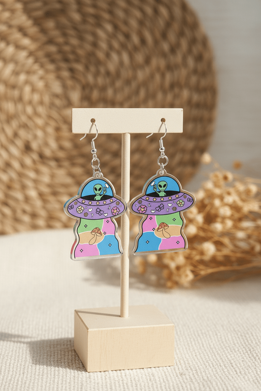 Colorful Alien Spaceship Dangle Earrings – Blast Off in Style! - Hempin Mayhem