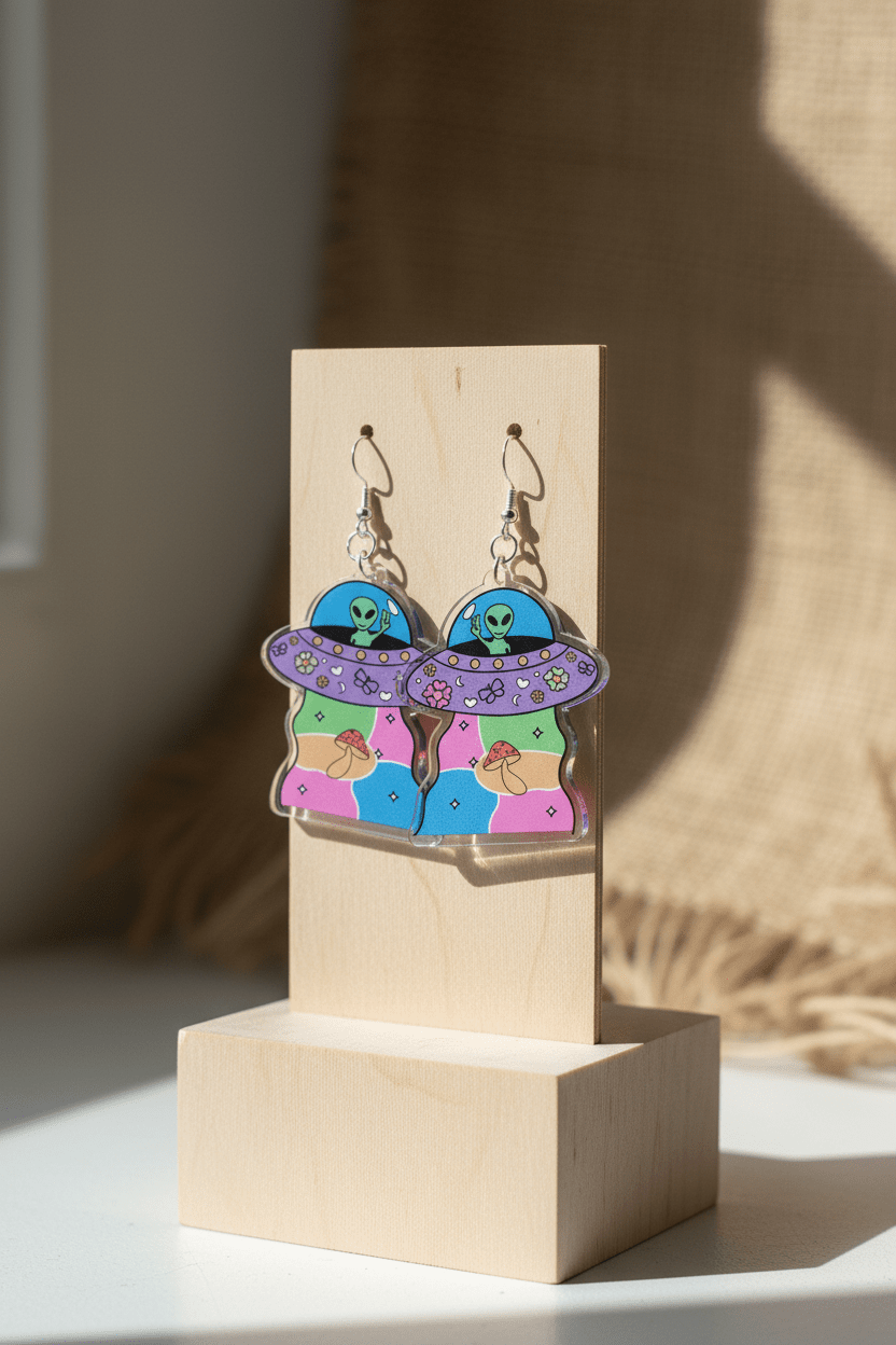Colorful Alien Spaceship Dangle Earrings – Blast Off in Style! - Hempin Mayhem