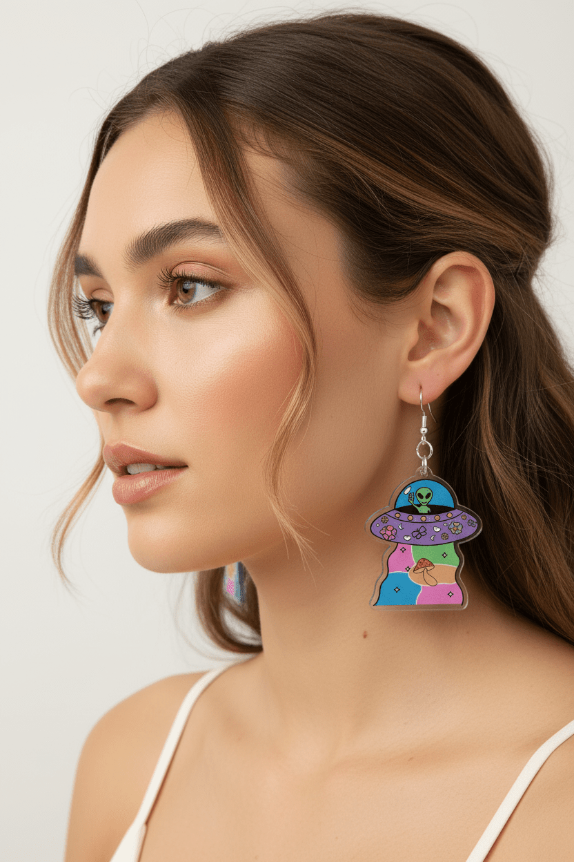 Colorful Alien Spaceship Dangle Earrings – Blast Off in Style! - Hempin Mayhem
