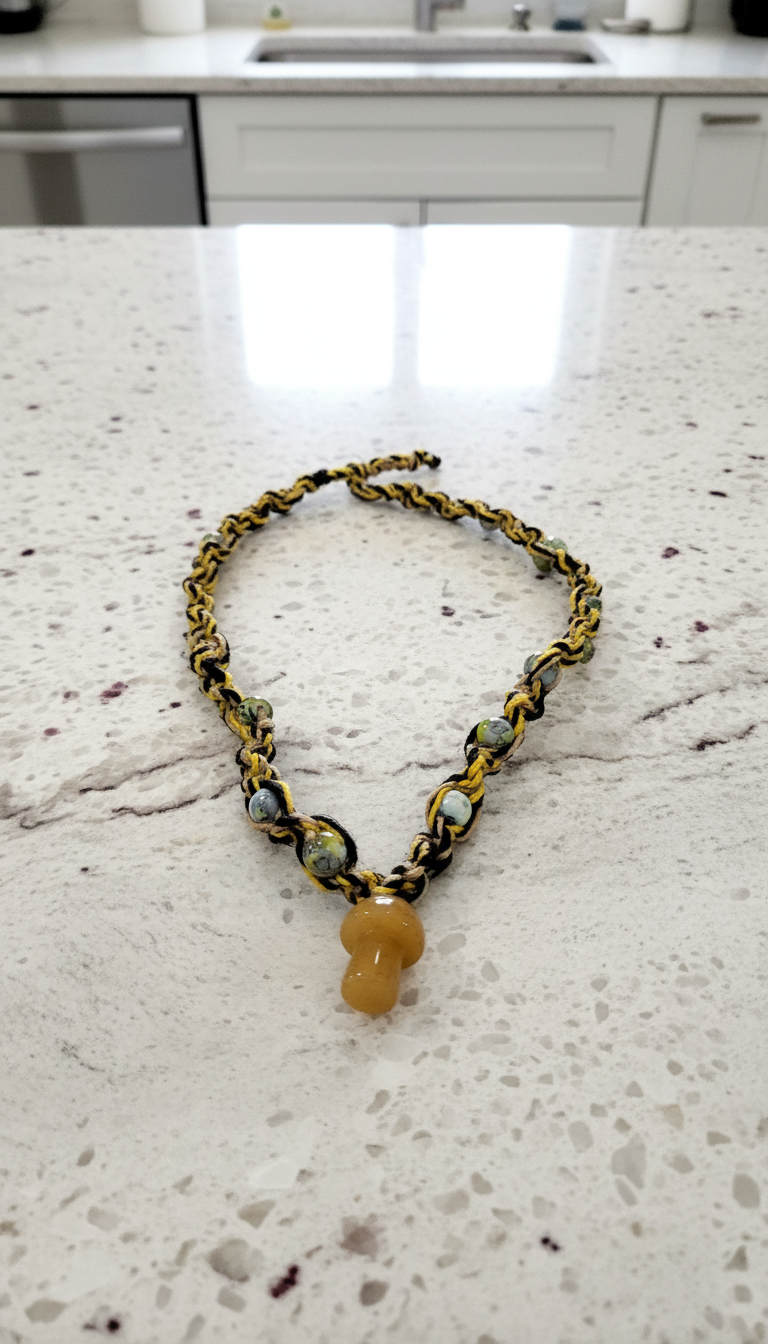 Hemp Necklace with Yellow Glass Mushroom Bead - Ecofriendly Black, White & Yellow Boho Jewelry for Men and Women