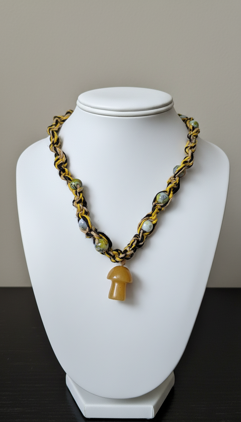 Hemp Necklace with Yellow Glass Mushroom Bead - Ecofriendly Black, White & Yellow Boho Jewelry for Men and Women