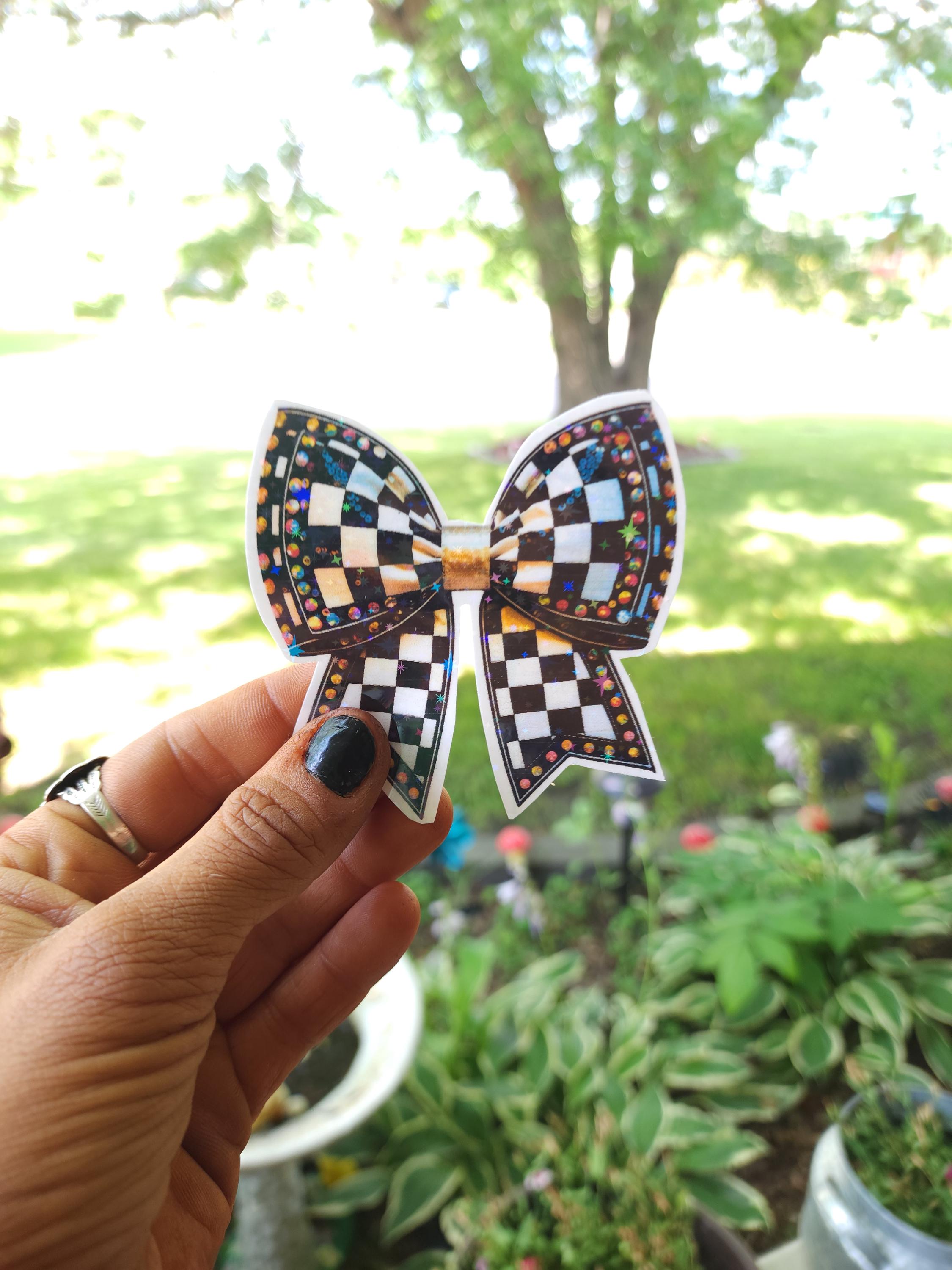 Checkered Bow Rhinestone Sticker: Retro Race Car Decal