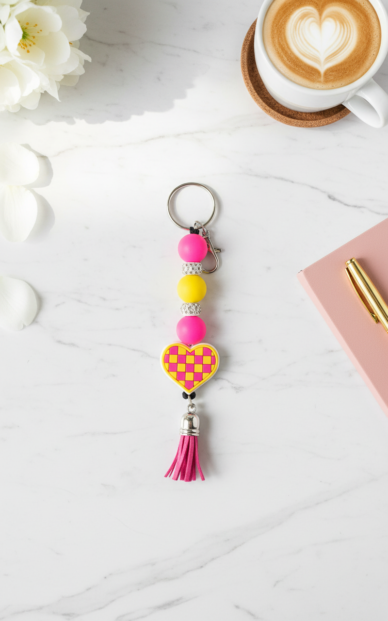 Checkered Heart Keychain, Handmade Keyring