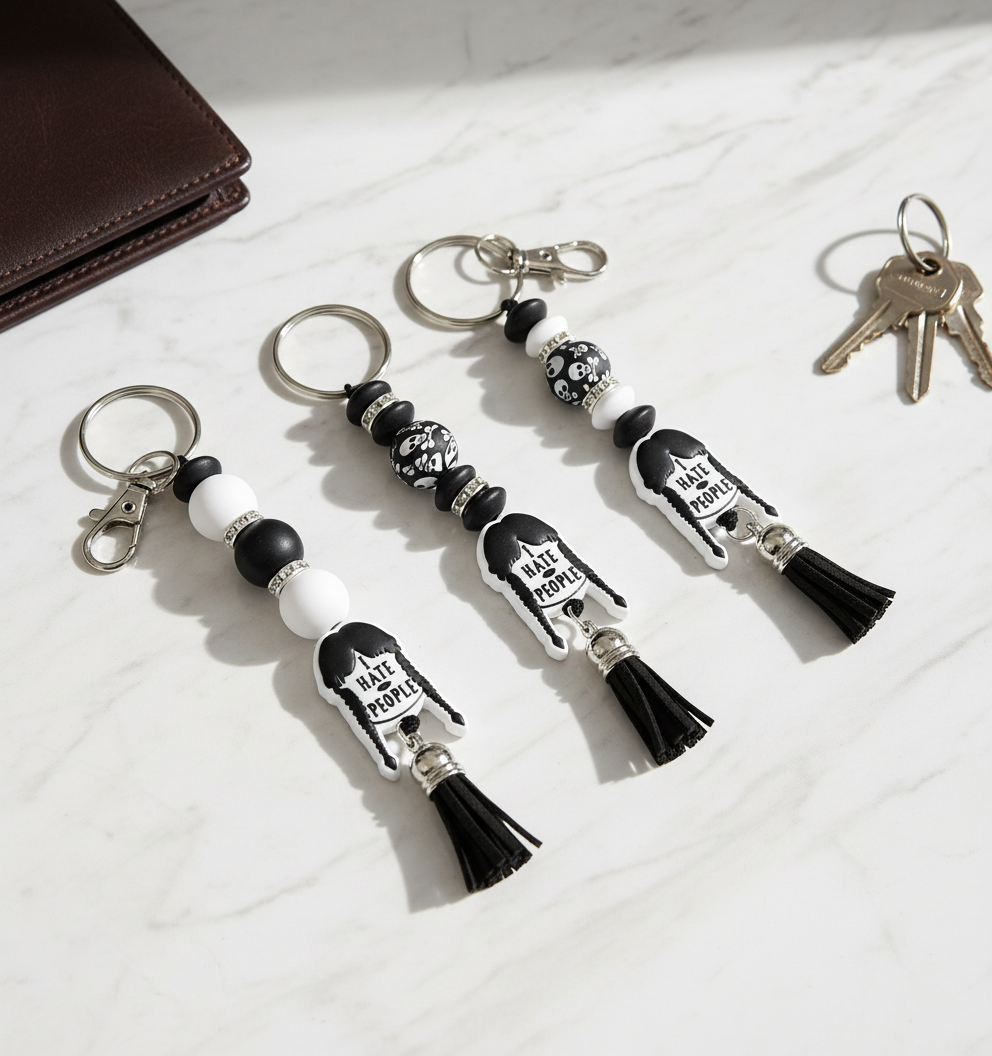Wednesday Addams ‘I Hate People’ Beaded Keychain – Gothic Spooky Accessory, Creepy Cute Bag Charm,  Horror & Addams Family Fans