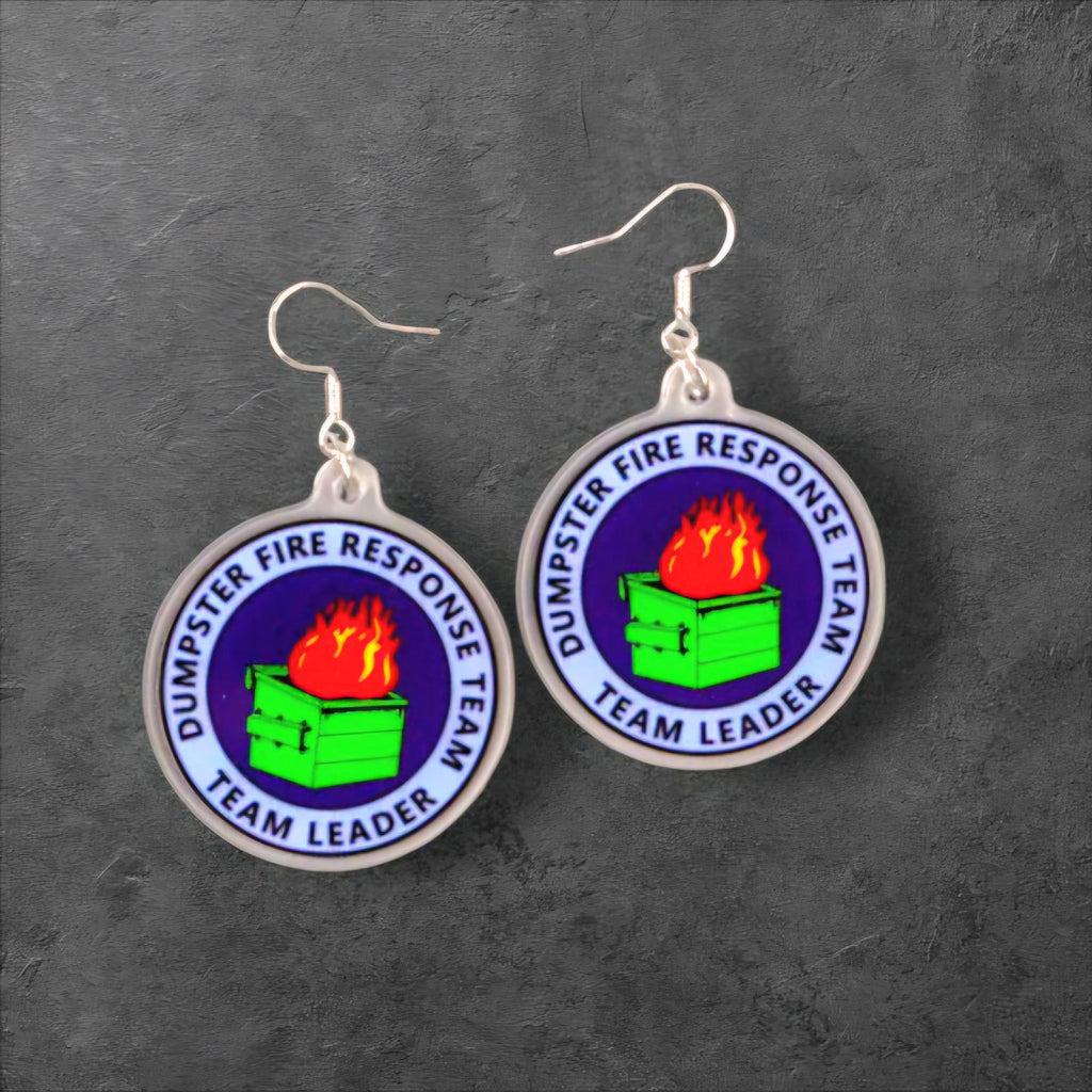 Dumpster Fire Response Team Earrings: Funny Acrylic Dangle Jewelry