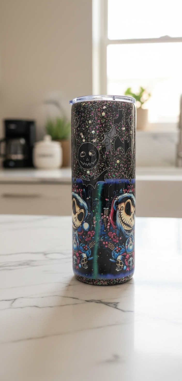 Nightmare Before Christmas Tumbler: Black Glitter Jack & Sally Epoxy Cup