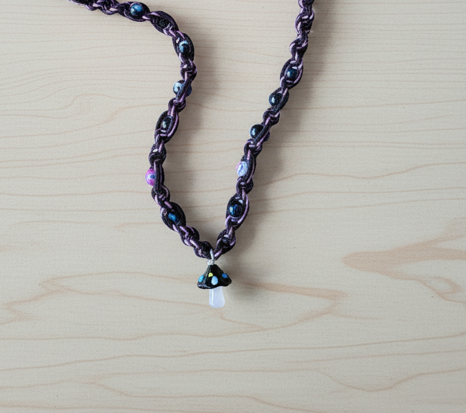 Pink & Black Hemp Necklace: Mushroom Pendant, Boho Alt Jewelry