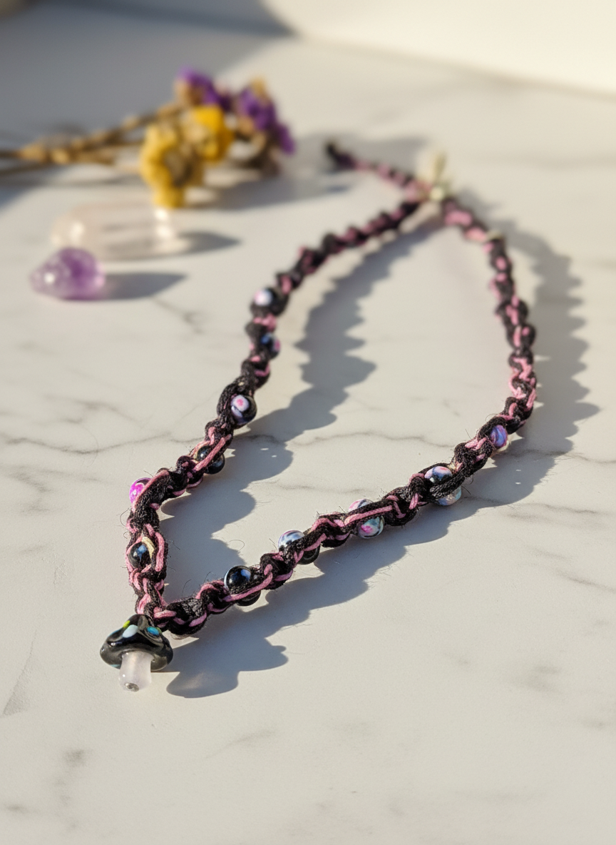 Pink & Black Hemp Necklace: Mushroom Pendant, Boho Alt Jewelry