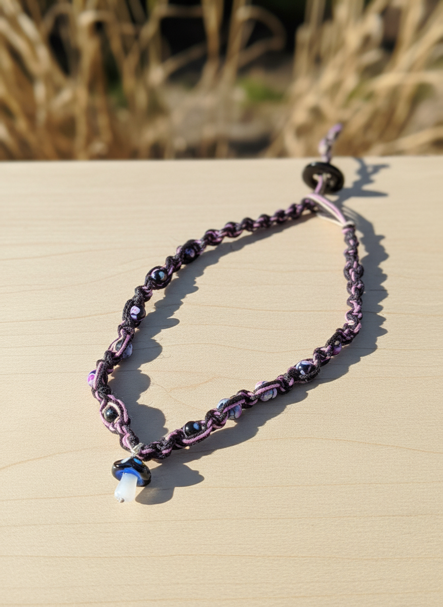 Pink & Black Hemp Necklace: Mushroom Pendant, Boho Alt Jewelry